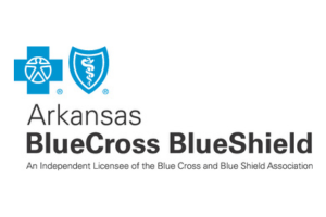 Arkansas BlueCross BlueShield logo with a blue cross and blue shield icon, and text stating its an independent licensee of the Blue Cross and Blue Shield Association.