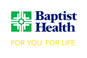 Baptist Health logo with a green and white geometric cross symbol on the left, the words “Baptist Health” in blue, and the slogan “FOR YOU. FOR LIFE.” in yellow below.