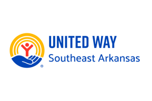 United Way Southeast Arkansas logo with a stylized hand holding a figure surrounded by yellow arcs, next to the organization’s name in blue text.