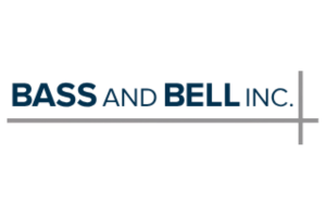 Logo with the text BASS AND BELL INC. in bold blue and gray letters, with a horizontal gray line extending beneath the text and a short vertical gray line intersecting at the right end.