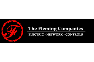 A black banner with a red circular saw blade logo containing a cursive F on the left and the text The Fleming Companies ELECTRIC - NETWORK - CONTROLS in white on the right.