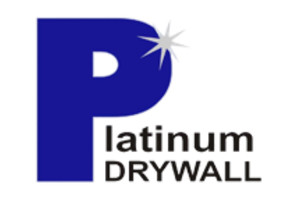 Logo for Platinum Drywall featuring a large blue letter P with a sparkling star detail, and the words latinum DRYWALL in black text to complete the company name.