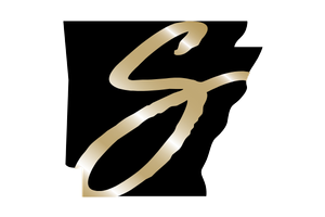 A stylized gold letter S is overlaid on a black shape resembling the outline of the state of Arkansas, set against a light gray background.