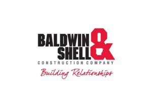 Logo for Baldwin & Shell Construction Company. The text Baldwin & Shell is bold, with a large red ampersand. Below, it says Construction Company and “Building Relationships” in red script.