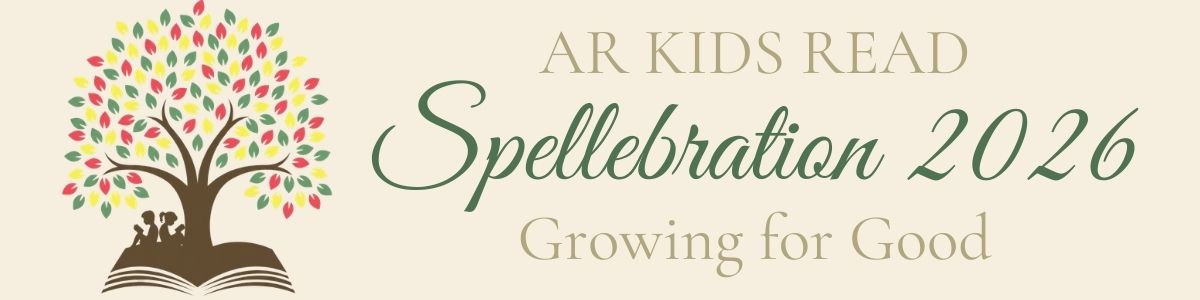 Logo with a tree growing from an open book and children underneath. Text reads: AR Kids Read Spellebration 2026 Growing for Good.