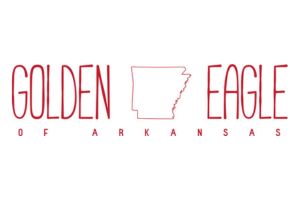 Red text reads GOLDEN EAGLE with an outline of Arkansas between the words. Smaller red letters below spell OF ARKANSAS. The background is white.