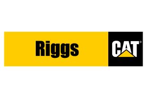 Yellow and black rectangular logo with the word Riggs in bold black letters on the left and the CAT logo featuring white letters CAT above a yellow triangle on a black background on the right.