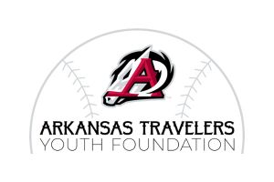 Logo with a stylized red and white A resembling a horse’s head, set in front of a faint, curved baseball seam. Text below reads Arkansas Travelers Youth Foundation.