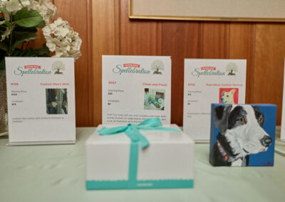 A white box with a teal ribbon sits on a table in front of auction display cards and a small portrait of a dog. The cards describe auction items like a custom men’s shirt, pet cleaning, and a pet portrait. White flowers are in the background.