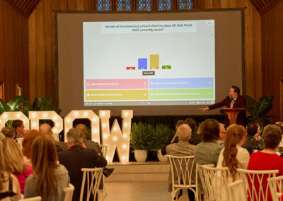 A speaker stands at a podium in a wood-paneled hall with stained-glass windows, addressing an audience. A large screen shows a quiz result, and illuminated letters spelling GROW are displayed near plants at the front.