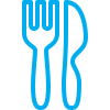 Blue outline icon of a fork and knife placed side by side, representing dining or food-related themes, on a light background.