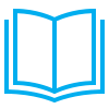 A simple blue outline of an open book on a light gray background.