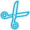 A simple blue outline icon of an open pair of scissors, depicted on a light gray background.