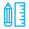 Blue outline icons of a pencil and a ruler are side by side on a light gray background. The pencil is on the left, and the ruler with measurement marks is on the right.