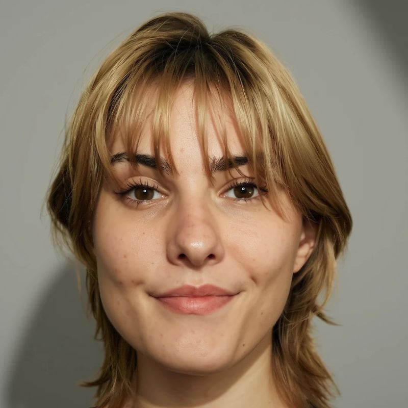Portrait of a young person with light brown hair and bangs, looking directly at the camera with a slight smile.